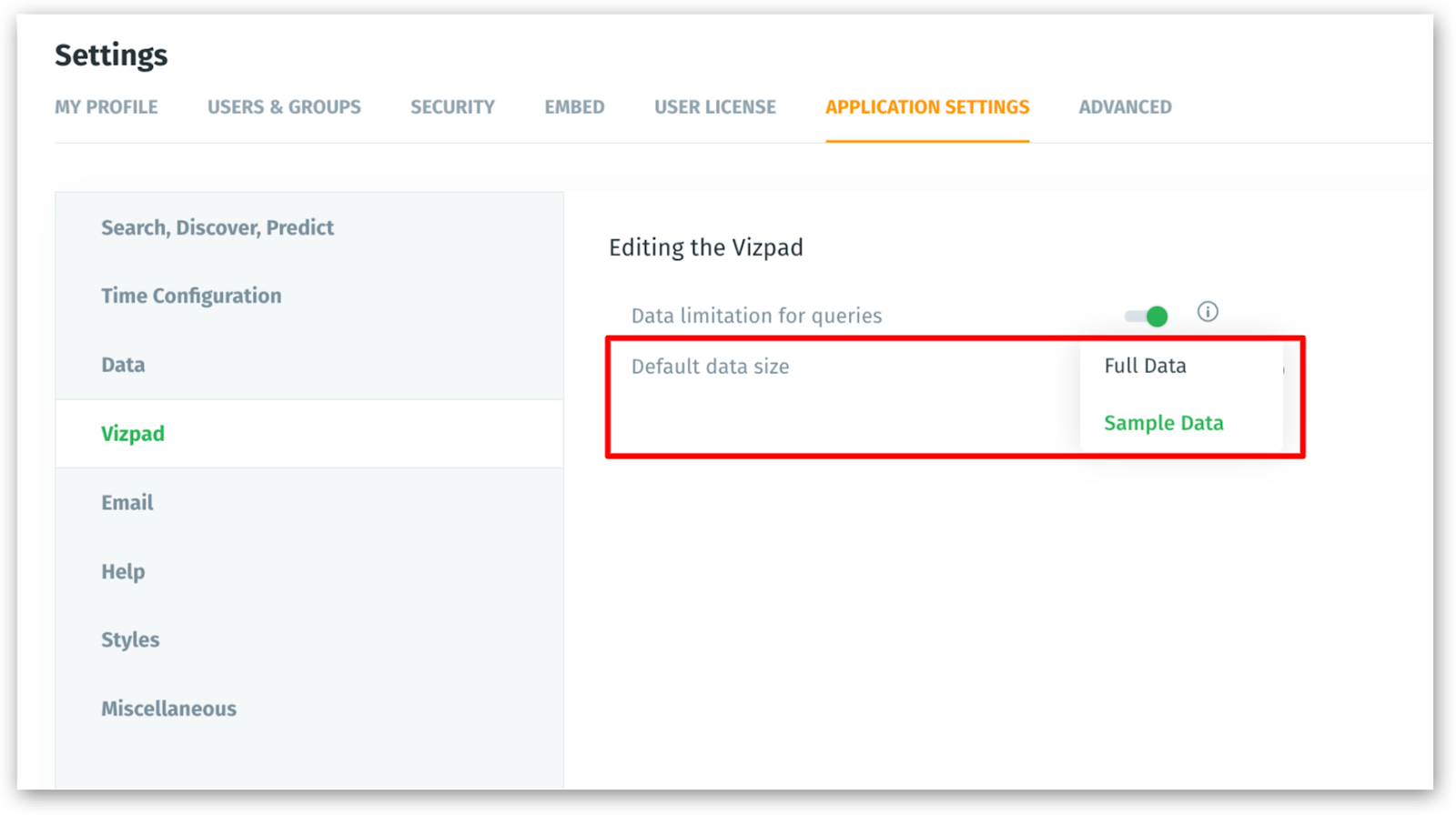 Enabling sample/full data from Settings