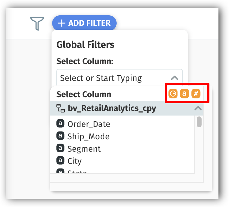 Filtering different types of columns in a business view