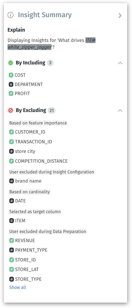 Insight summary with the included and excluded columns