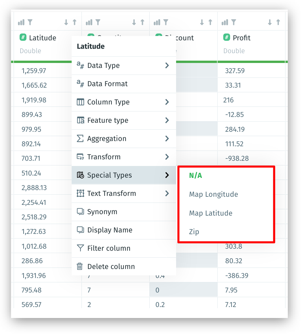 Special types for integer and double data type columns