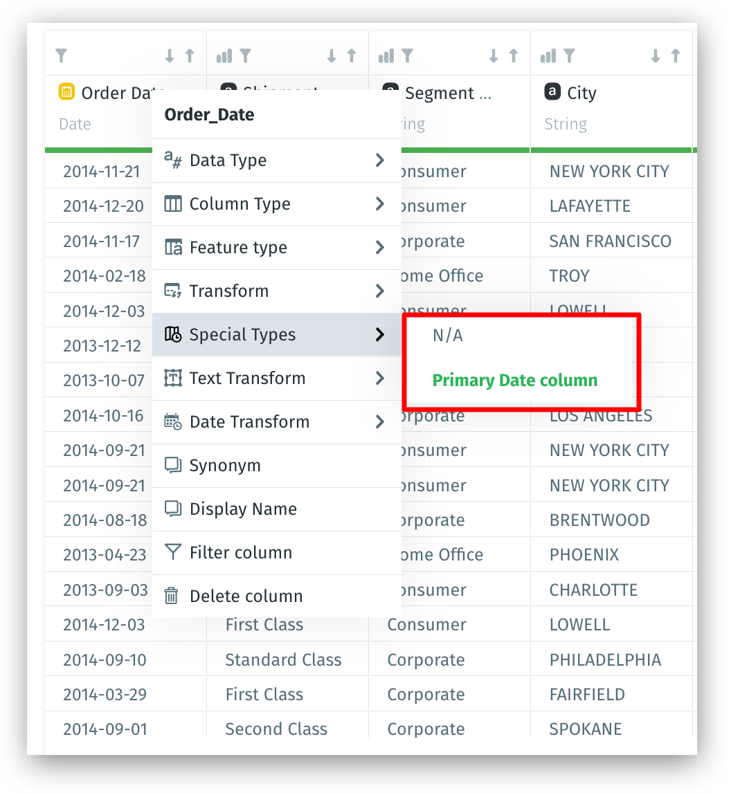 Primary date column special type