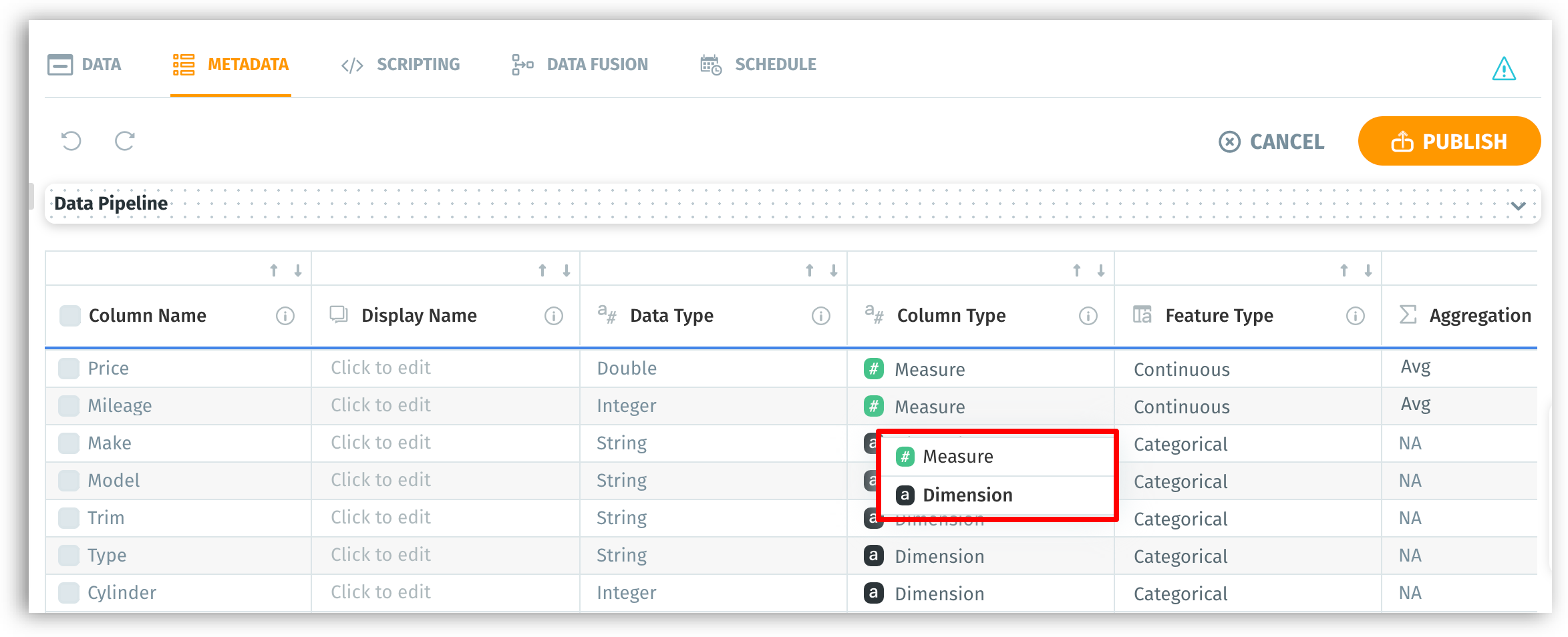 Changing column type - measures and dimensions