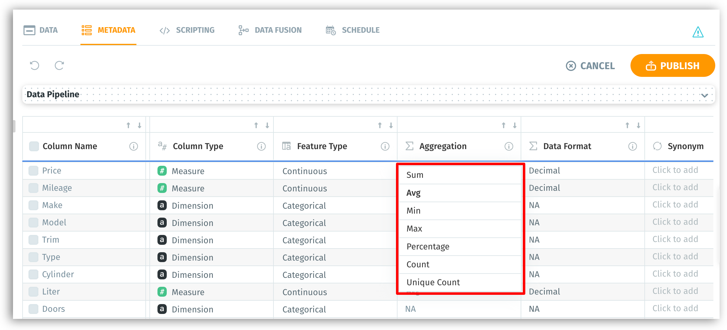 Data aggregation of each column