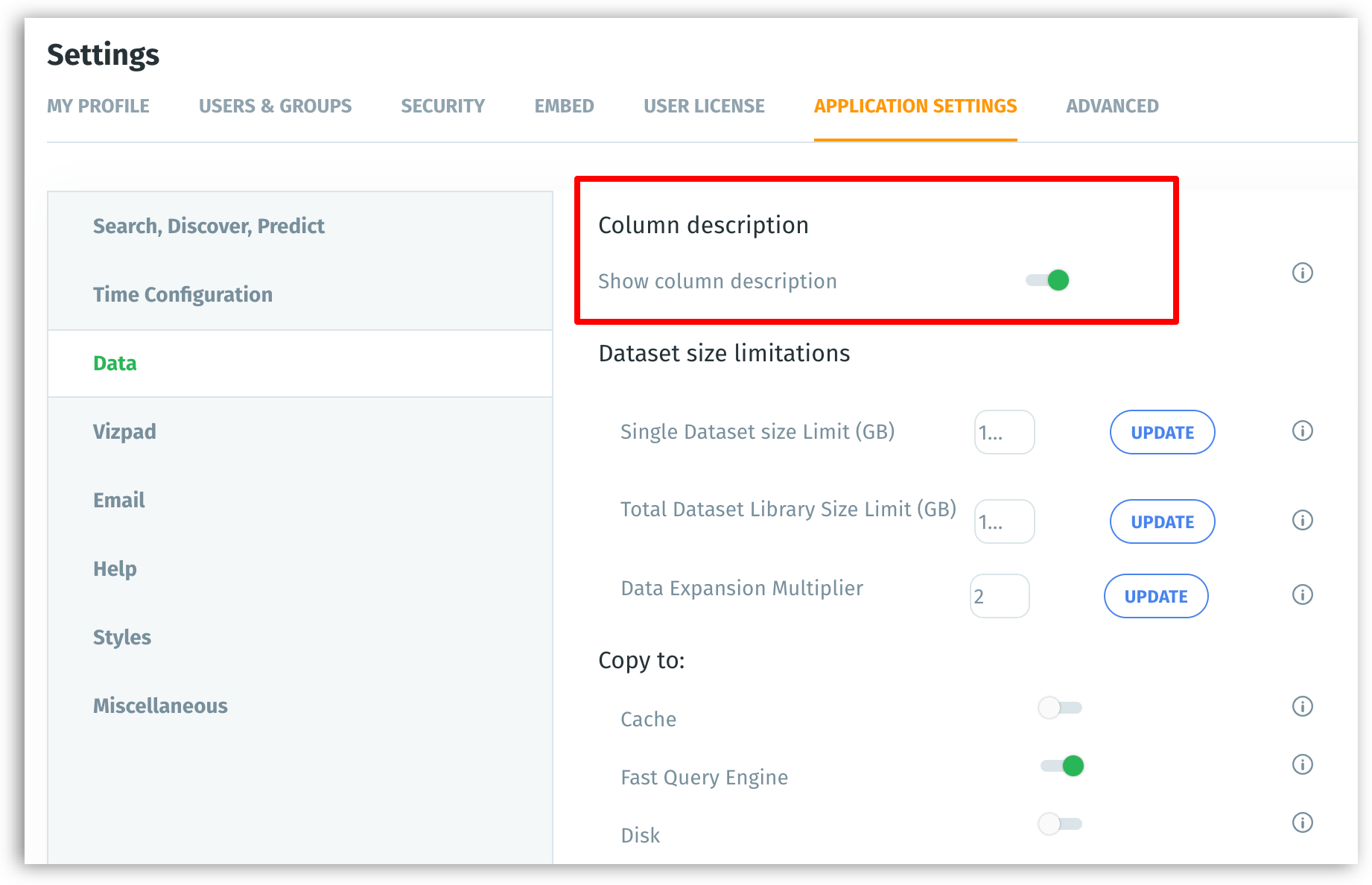 Enabling the display of column description under Settings