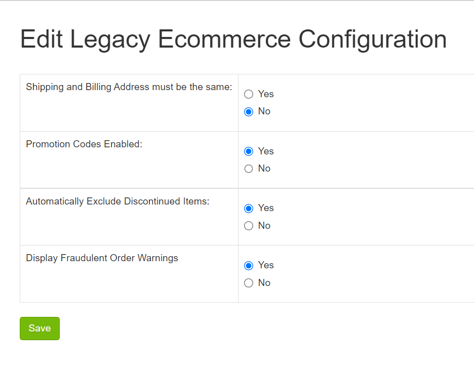 legacy ecommerce configuration fields