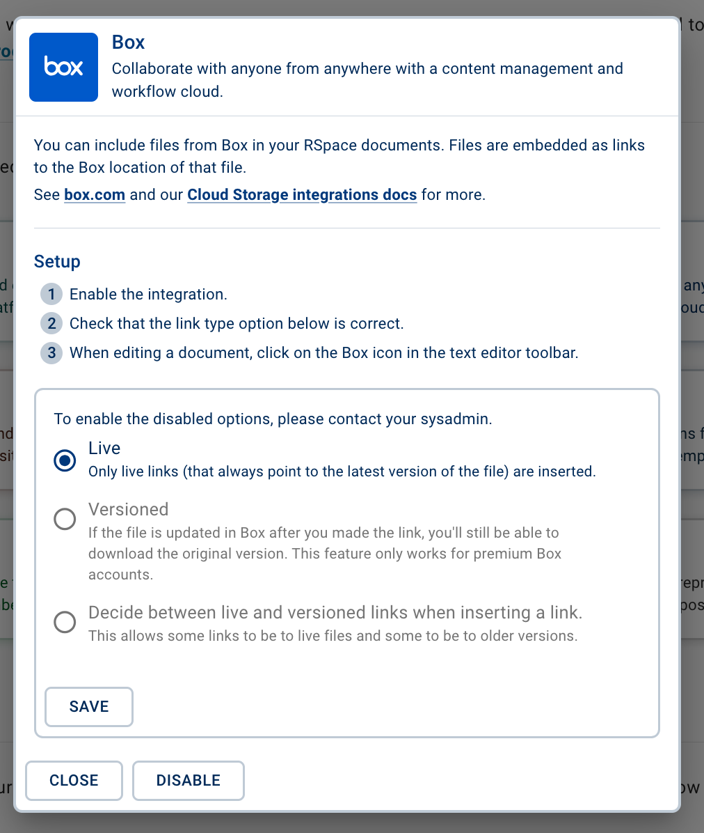 Screenshot of the apps page dialog for configuring the box integration.