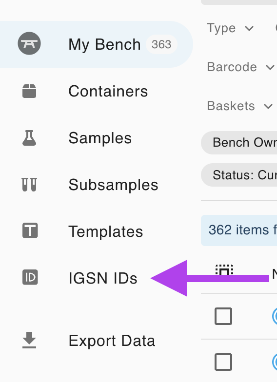 Partial screenshot of the Inventory sidebar, highlighting the IGSN IDs menu item