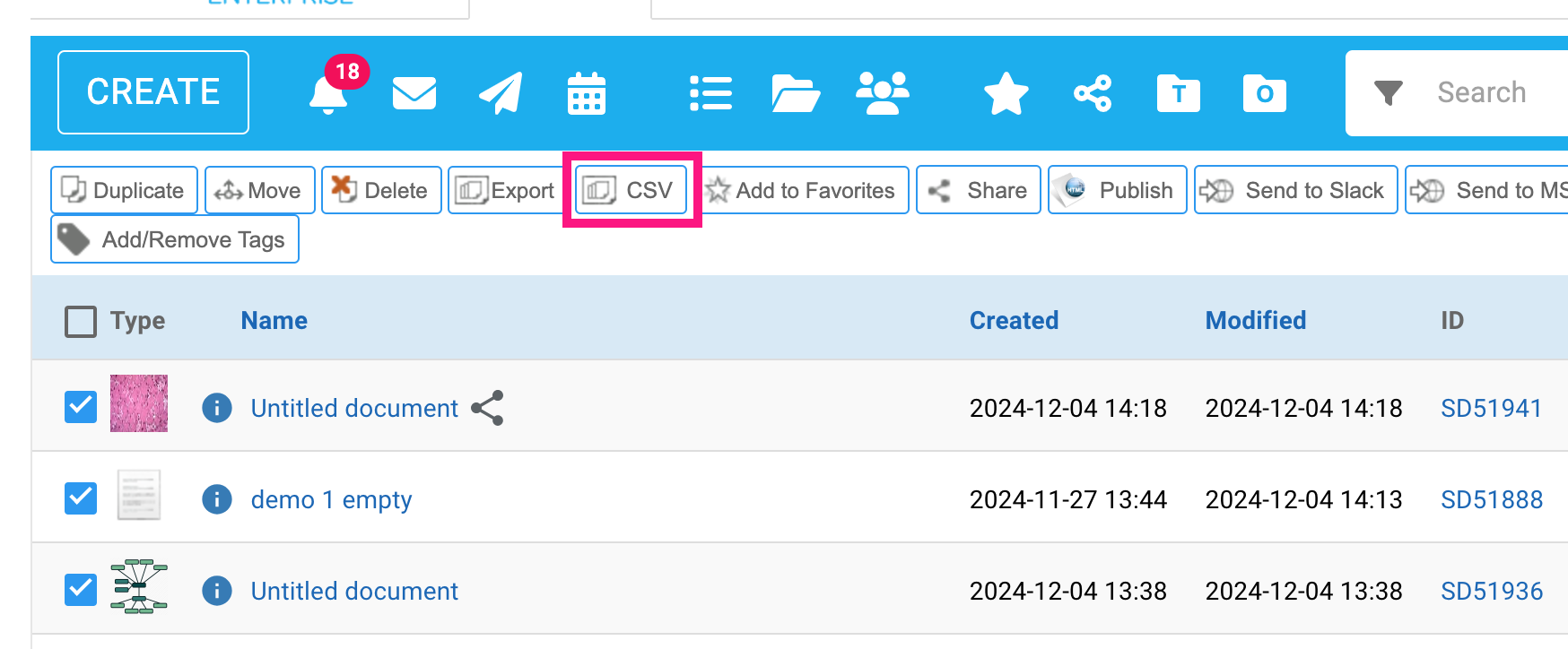 Screenshot of the workspace, with three selected files and the toolbar's CSV button highlighted