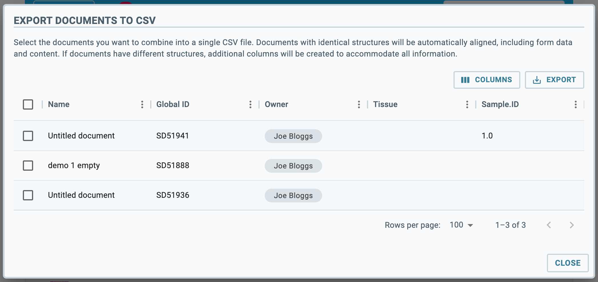 Screenshot of the Export Documents to CSV dialog, showing a table with three documents