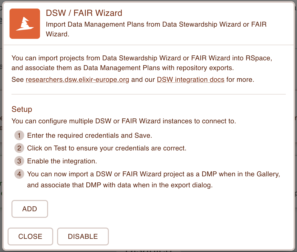 Screenshot of the DSW / FAIR Wizard dialog in the apps page, without any connections having been set up