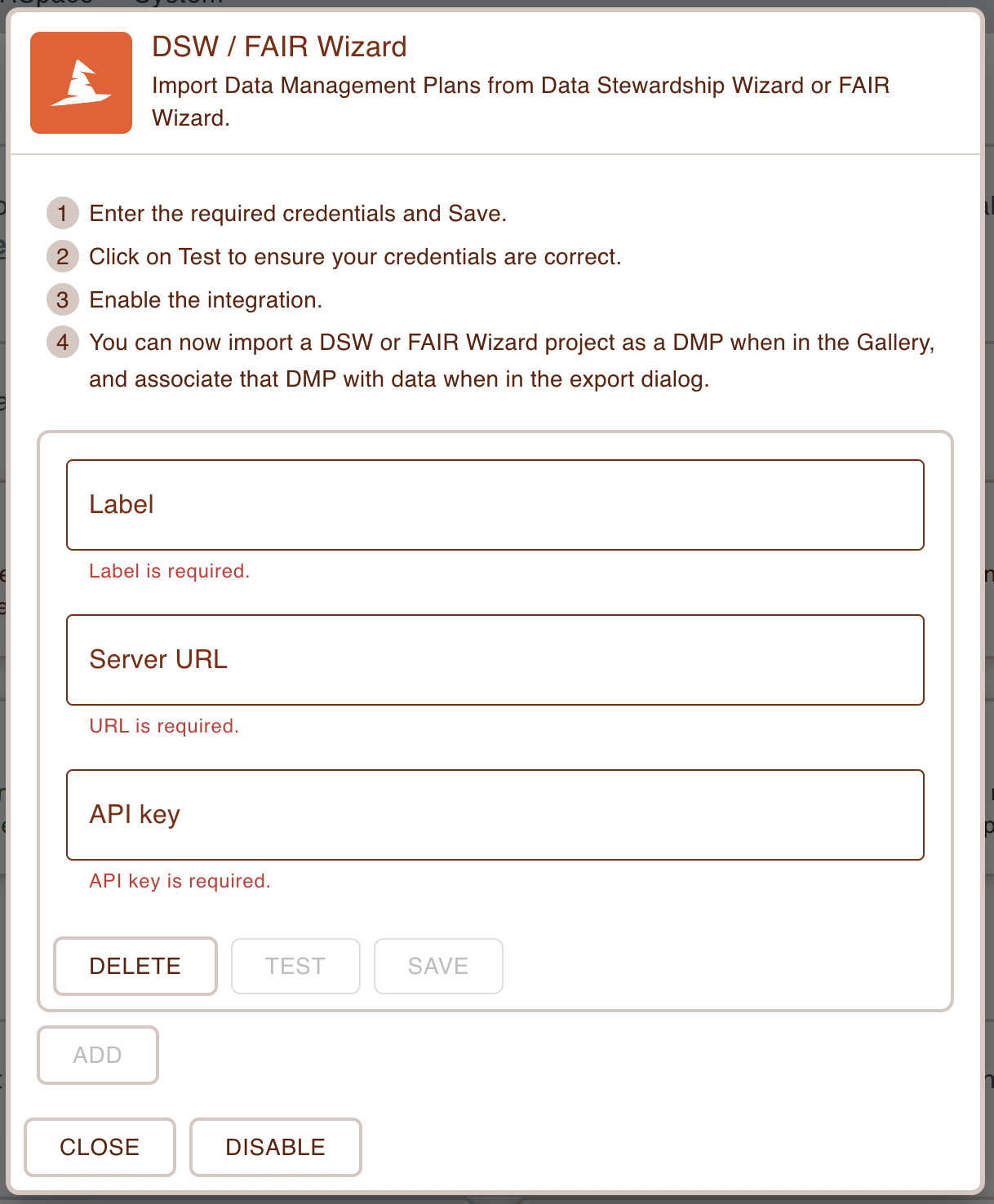 Screenshot of the DSW / FAIR Wizard dialog in the apps page, showing the properties for adding a new connection