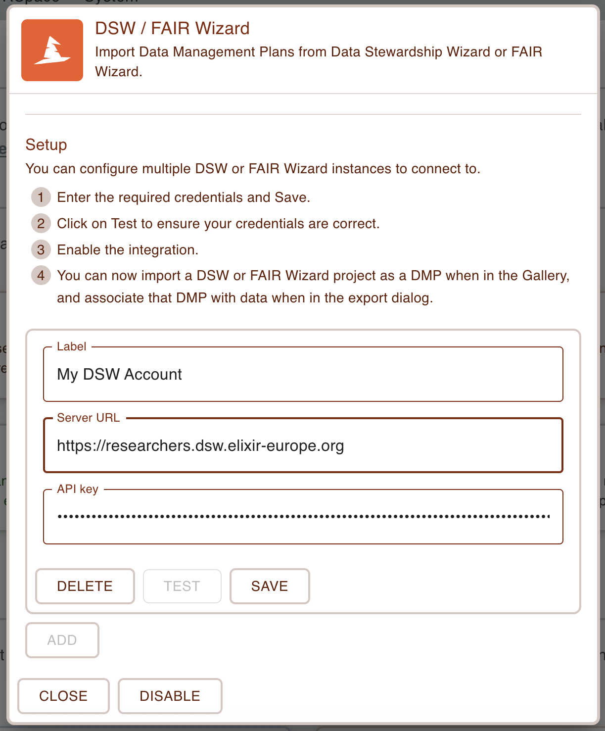 Screenshot of the DSW / FAIR Wizard dialog in the apps page, showing the properties for adding a new connection, with some of the details filled in.
