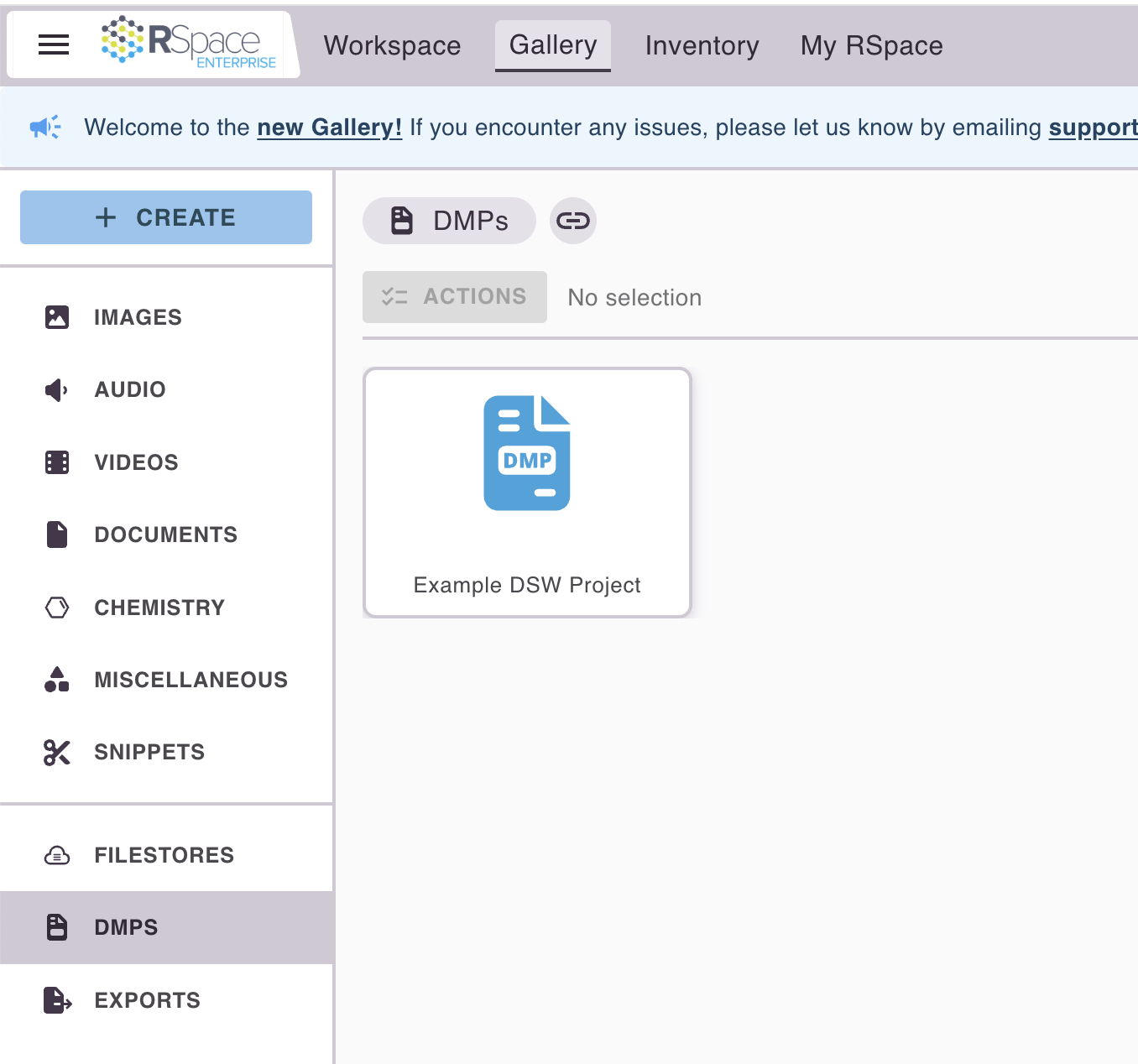 RSpace Gallery with the DMP option selected.  The imported project can be seen in the gallery.