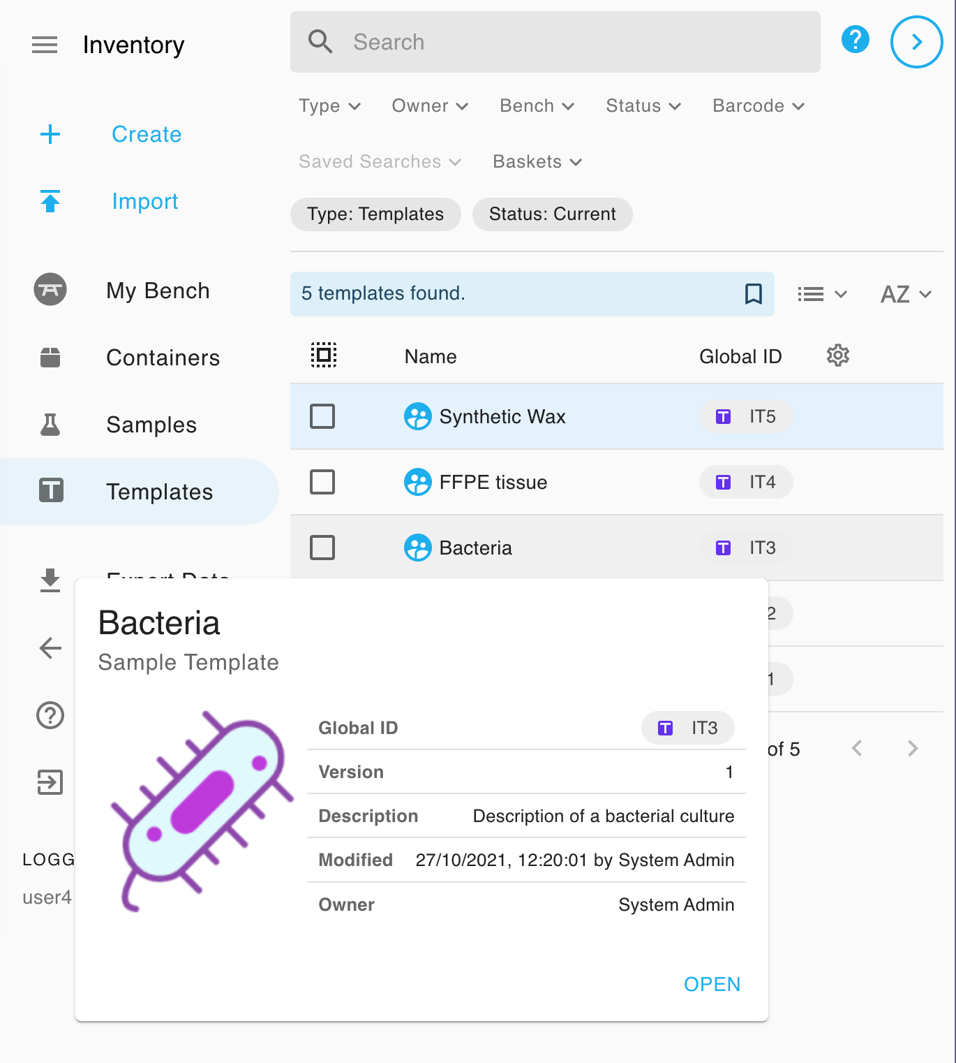 Screenshot of just the sidebar and left panel. The search results are a listing of the default templates. The info popup card displays some of the details of the Bacteria template is open.