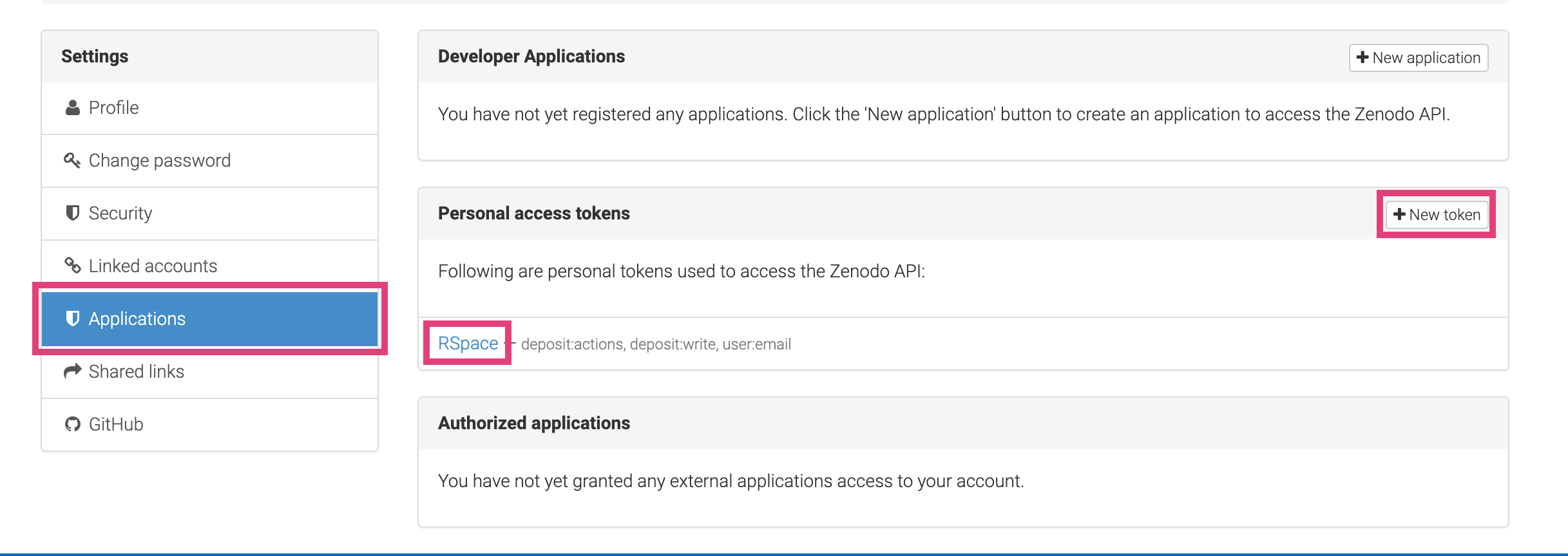 Partial screenshot of the Zenodo settings page. Applications tab, "New token" button, and "RSpace" personal access token are all highlighted