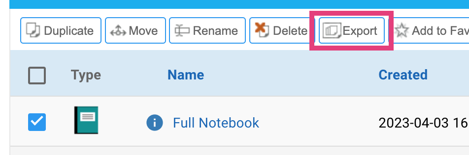 Partial screenshot of RSpace workspace. A notebook "Full Notebook" is selected and the context button "Export" is highlighted.