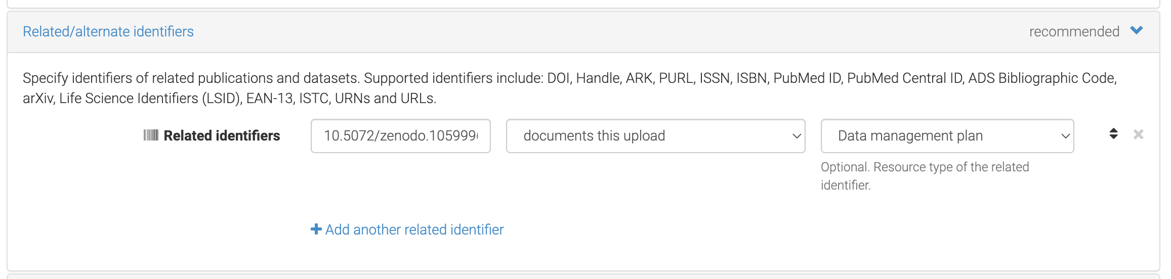 Partial screenshot of the Zenodo deposit page showing the inclusion of a related identifier with a DOI and a category of data management plan