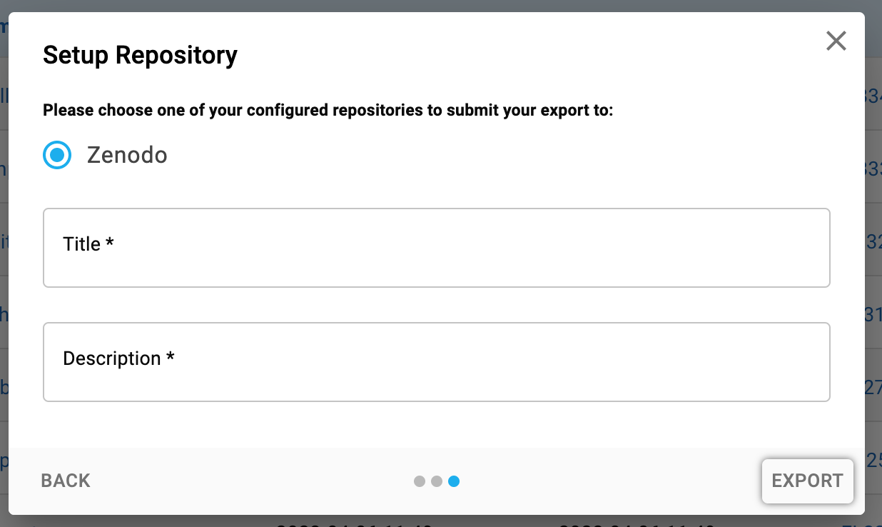 Screenshot of the third panel of the export dialog showing Zenodo radio button selected and a Name and Description field.