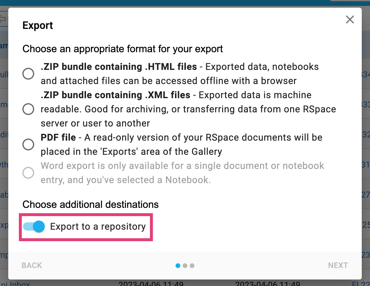 Screenshot of the first panel of the export dialog. The switch labelled "Export to a repository" is enabled and highlighted.