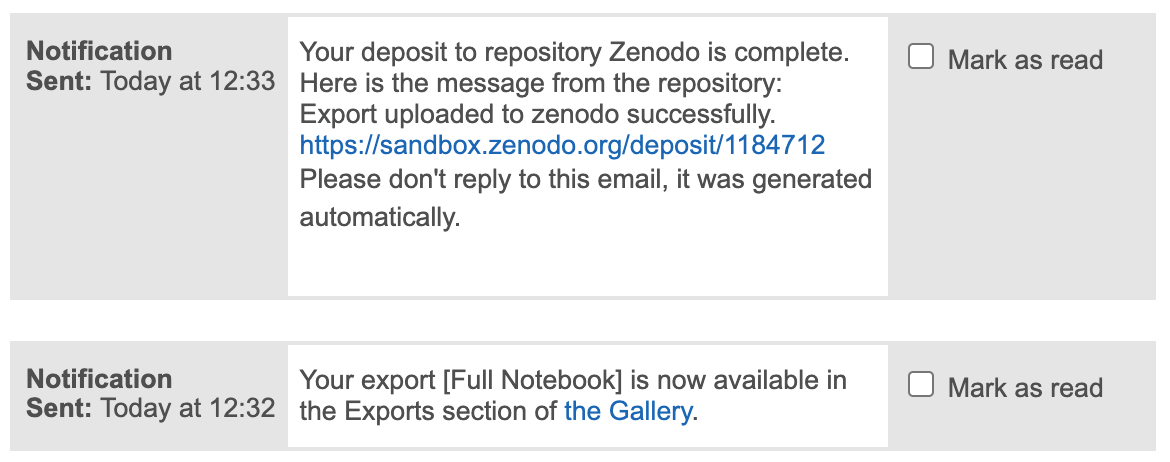 Partial screenshot of the RSpace Notifications dialog showing the following message: "Your deposit to repository Zenodo is complete. Here is the message from the repository: Export uploaded to zenodo successfully. https://sandbox.zenodo.org/deposit/1184712"