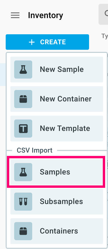 Screenshot of the Inventory create menu in the sidebar, with the CSV Import Samples option highlighted