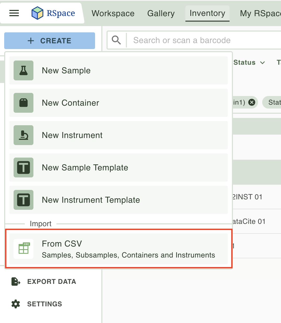 Screenshot of the Inventory create menu in the sidebar, with the CSV Import Subsamples option highlighted