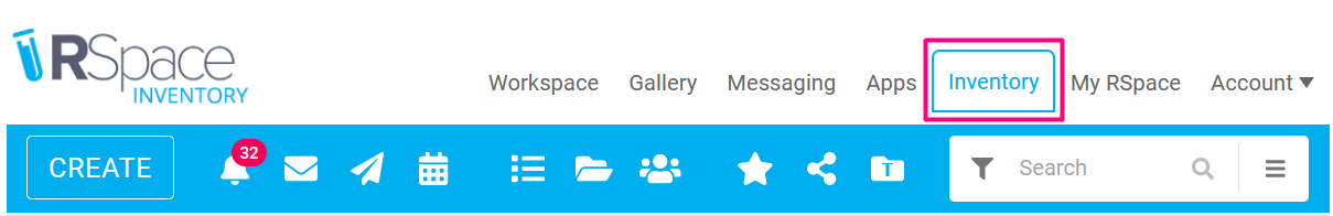 Screenshot of rspace workspace toolbar with the Inventory tab circled.