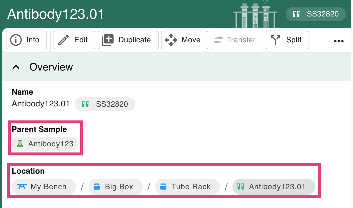 Screenshot of subsample details, with parent sample and location details circled.