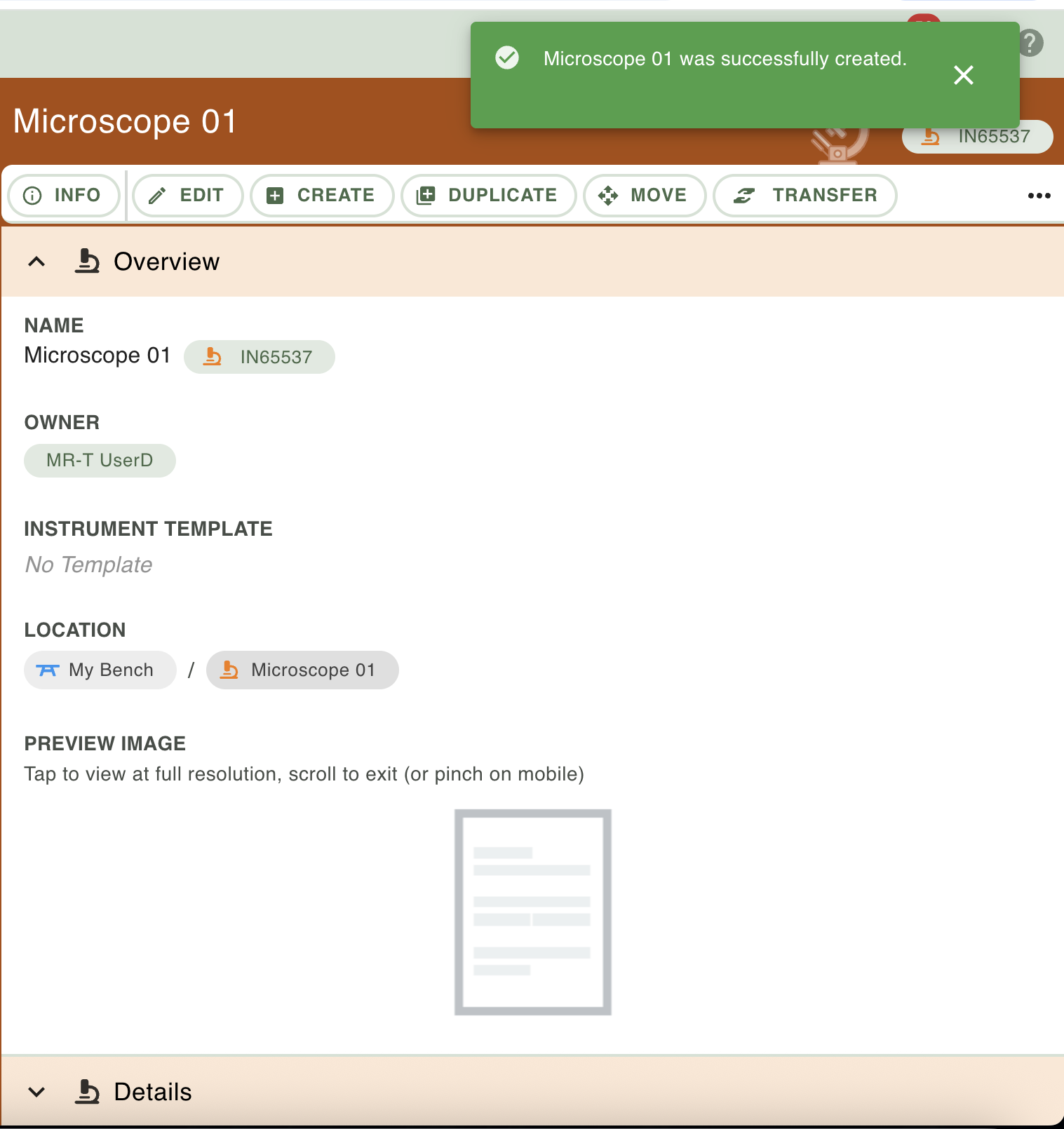Screenshot of preview of newly created sample with green alert in top right corner reading "Test Antibody was successfully created."
