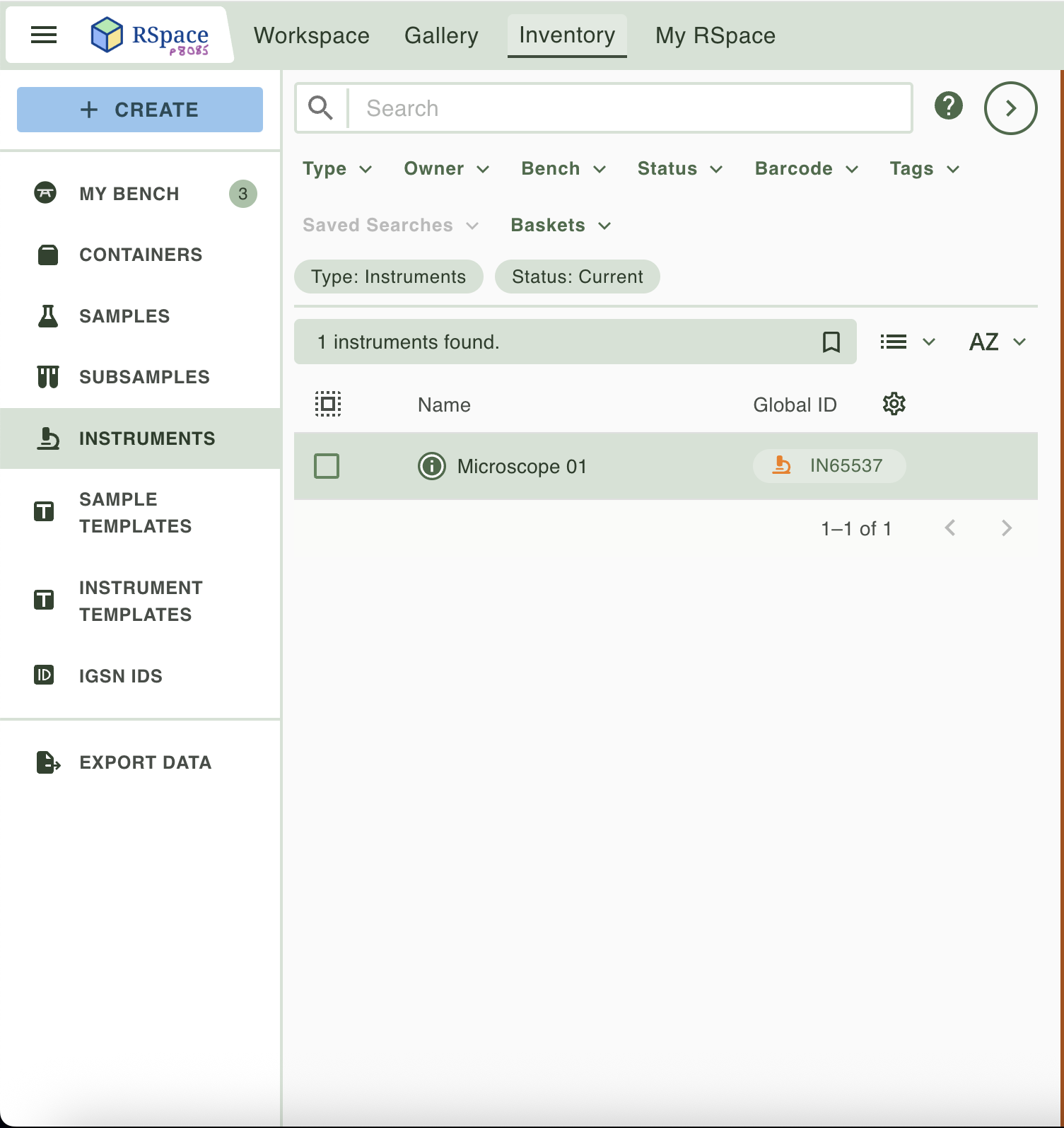 Screenshot of just the sidebar and left panel. The search results show a sample listing, including the newly created sample at the top, which is circled.