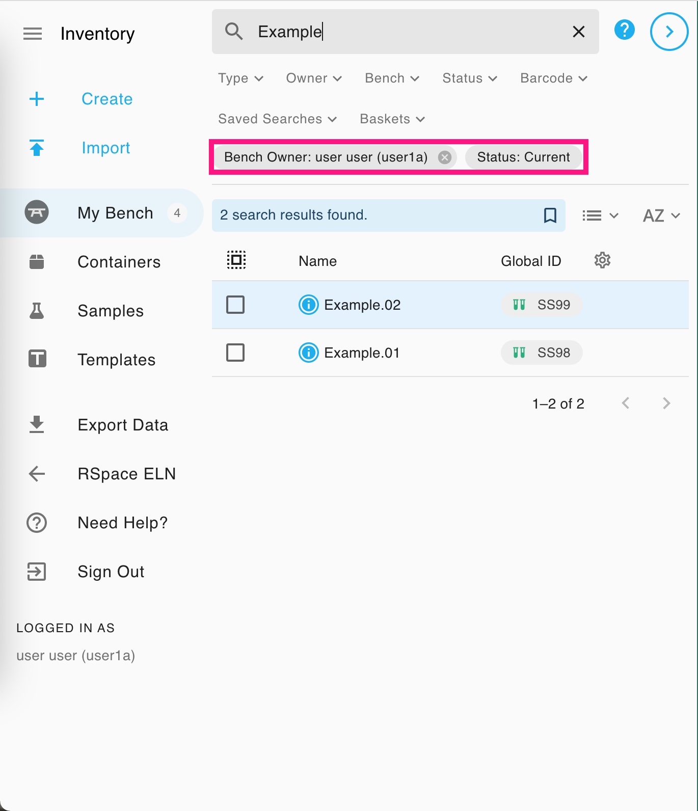 Screenshot of just the sidebar and left panel. A search for the term "Example" has returned two subsamples on the current user's bench. The search results tags, which describe the current search parameters, have been circled. There are two search parameters applied: the first indicating the current user's bench, which has a close button, and the other indicating that all results have the status "current", which does not have a close button.