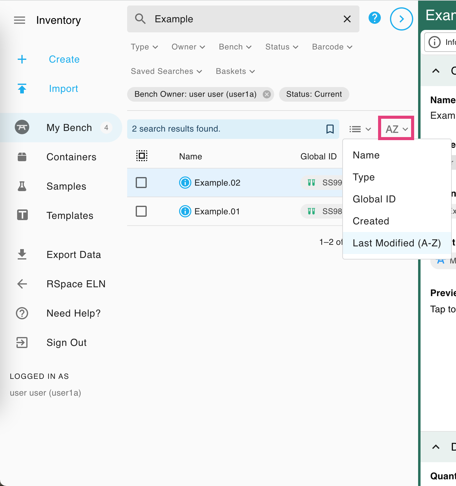 Screenshot of just the sidebar and left panel. A search for the term "Example" has returned two subsamples on the current user's bench. The sort menu has been opened showing the options of: Name, Type, Global ID, Created, and Last Modified. The search results are currently sorted by Last Modified. The sort menu button has also been circled.