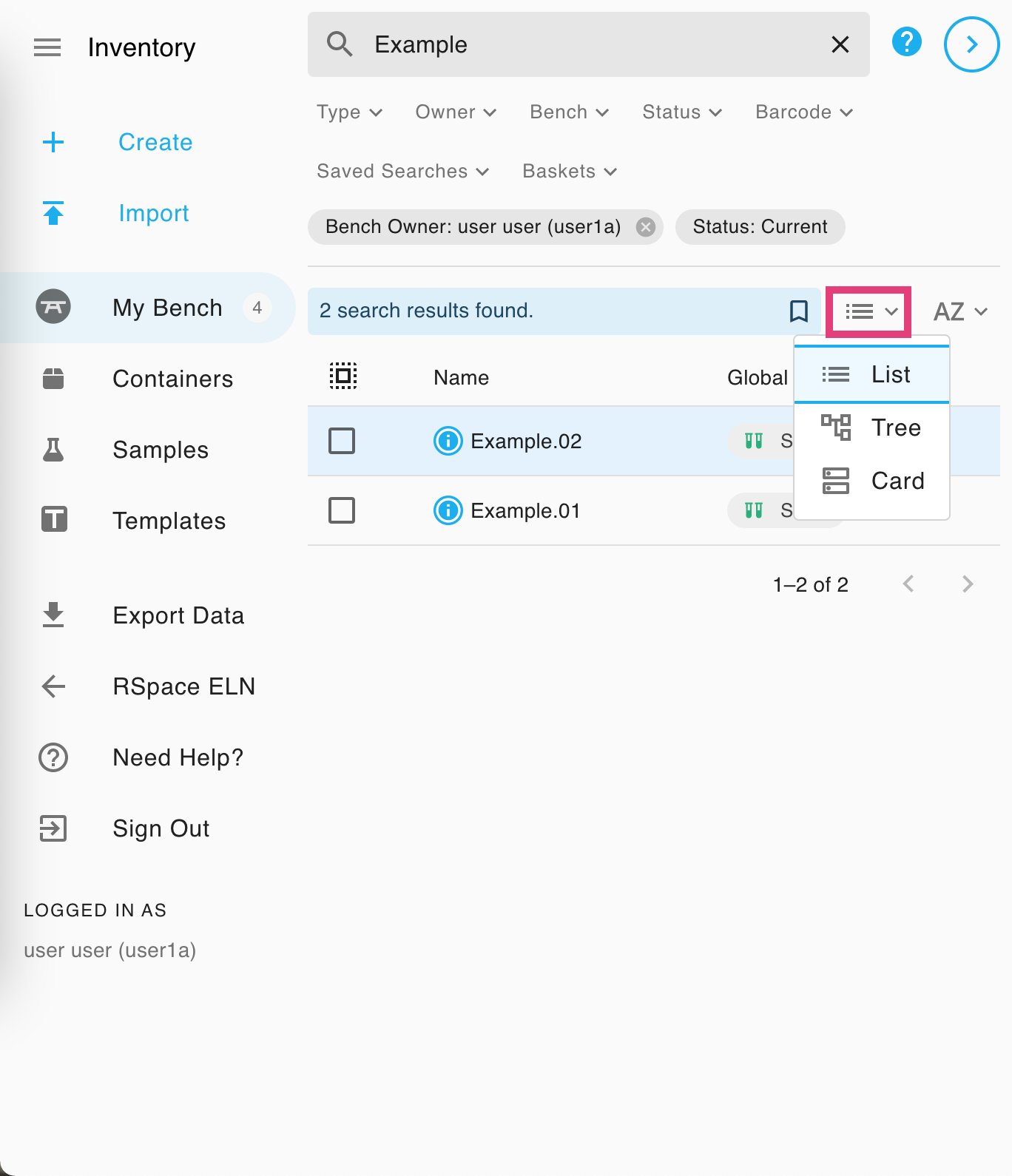 Screenshot of just the sidebar and left panel. A search for the term "Example" has returned two subsamples on the current user's bench. The views menu has been opened, showing options of: List, Tree, and Card. The views menu button has been circled.