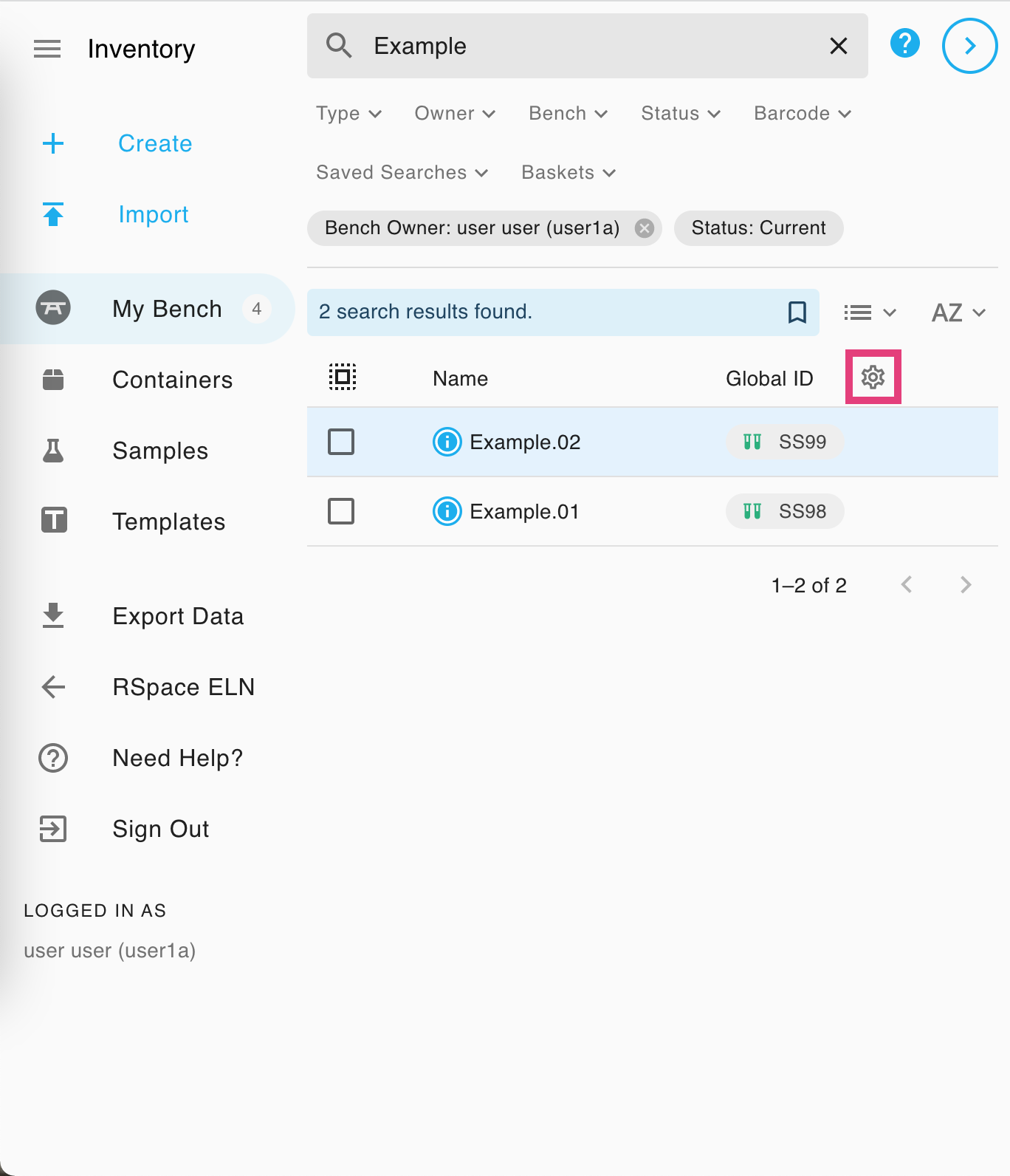 Screenshot of just the sidebar and left panel. A search for the term "Example" has returned two subsamples on the current user's bench. The customisable column but for the third column, with heading Global ID, has been circled.