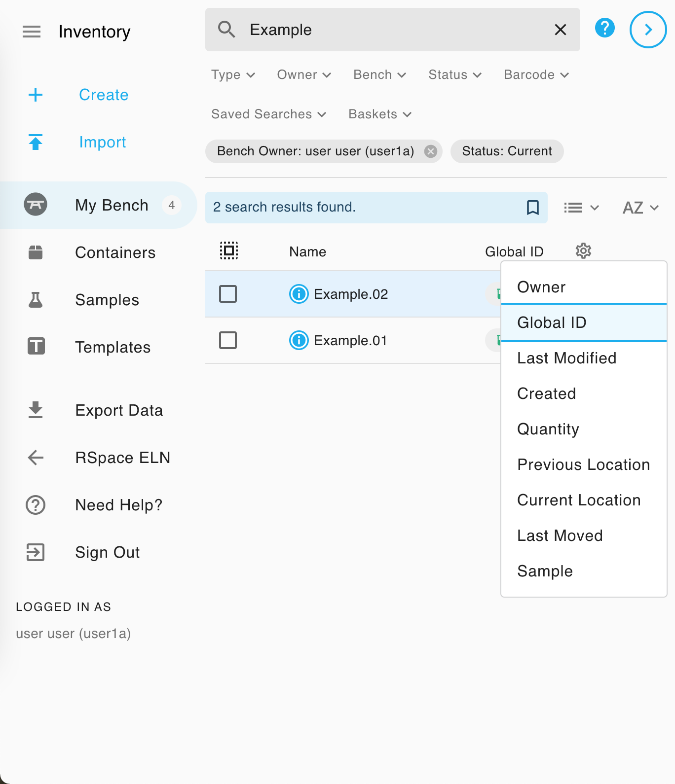 Screenshot of just the sidebar and left panel. A search for the term "Example" has returned two subsamples on the current user's bench. The adjustable column menu for the third column is open showing various options.