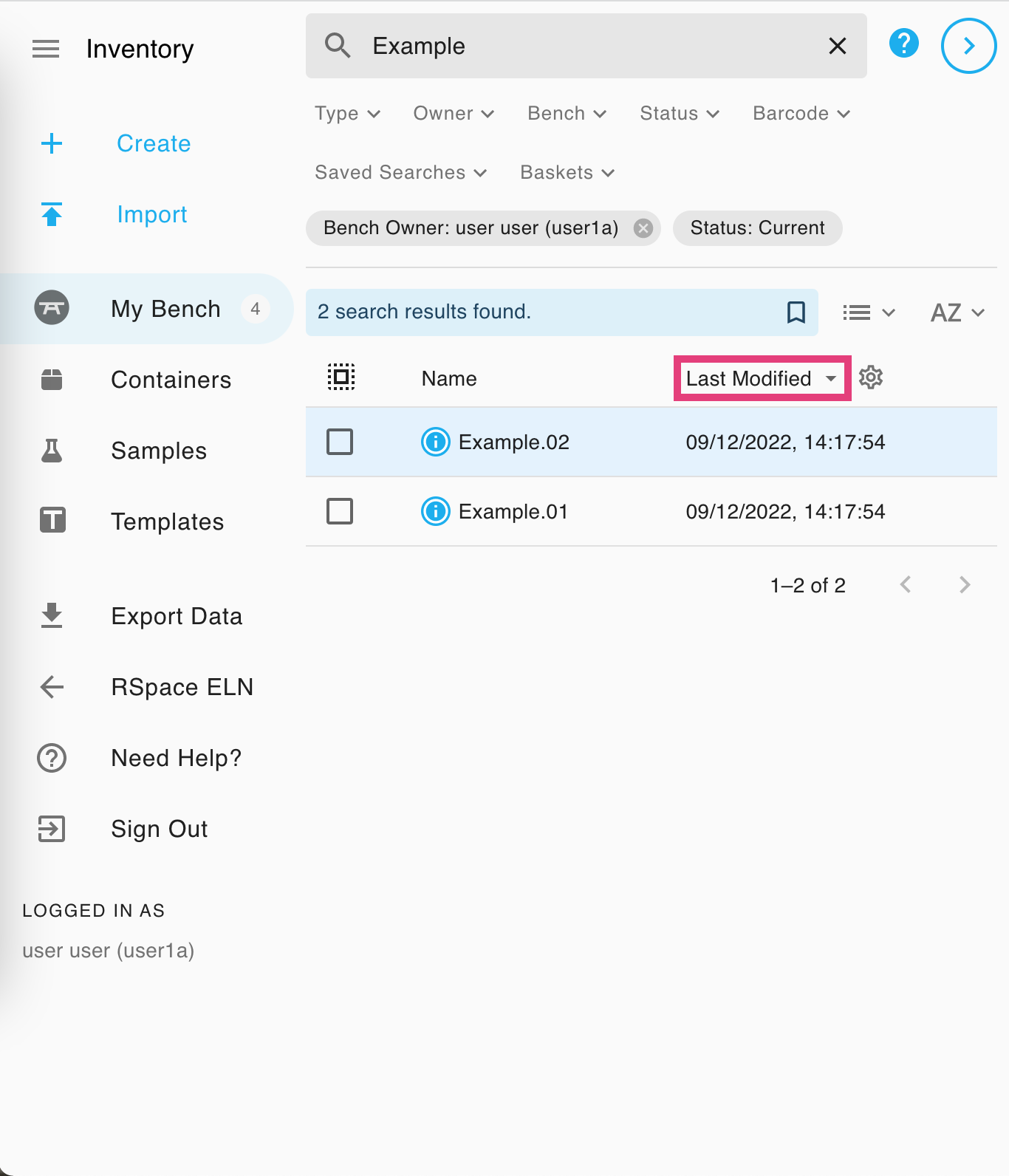 Screenshot of just the sidebar and left panel. A search for the term "Example" has returned two subsamples on the current user's bench. The heading of the third column, showing Last Modified which the search results have been sorted by, has been circled.