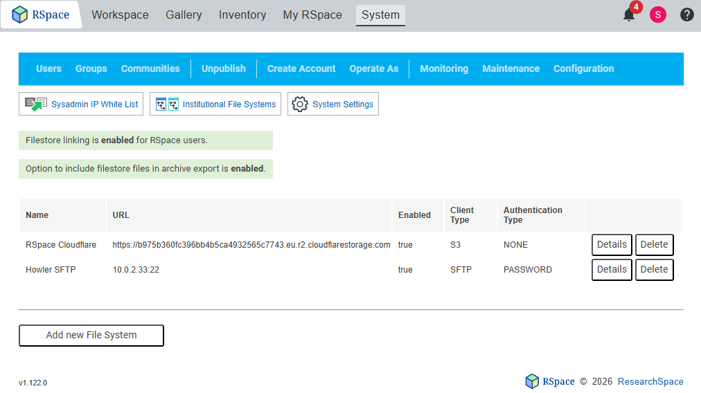 file systems configuration screen