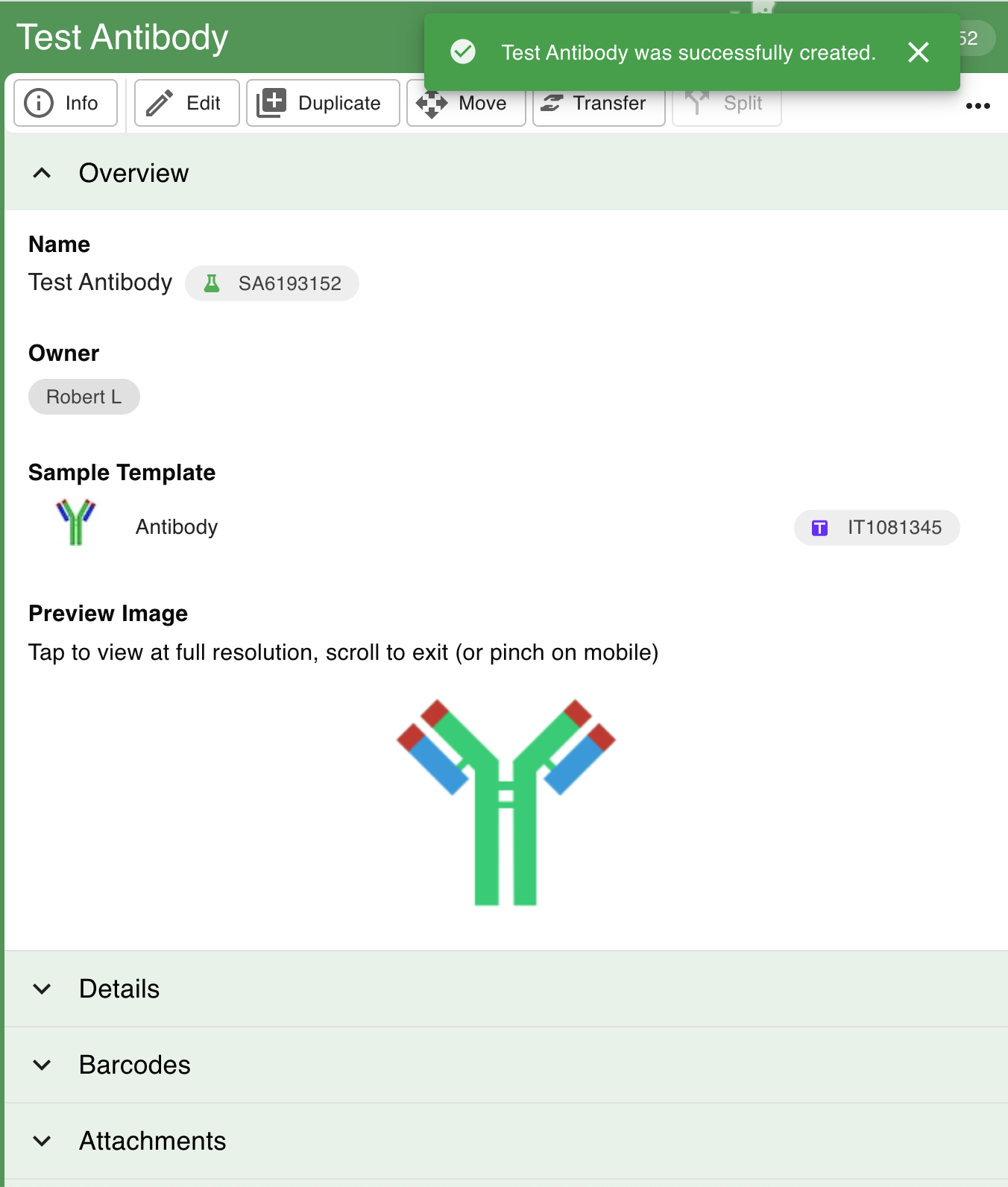 Screenshot of preview of newly created sample with green alert in top right corner reading "Test Antibody was successfully created."