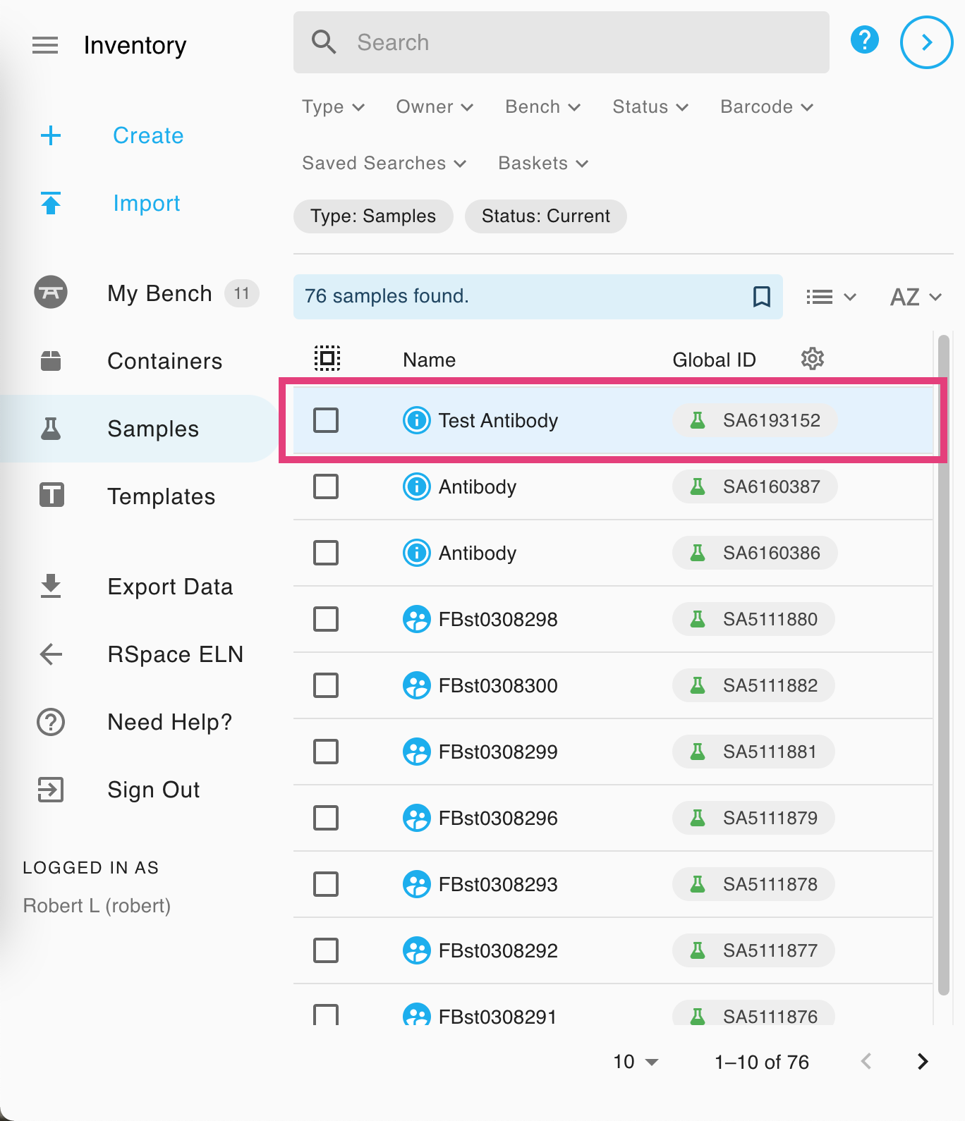 Screenshot of just the sidebar and left panel. The search results show a sample listing, including the newly created sample at the top, which is circled.