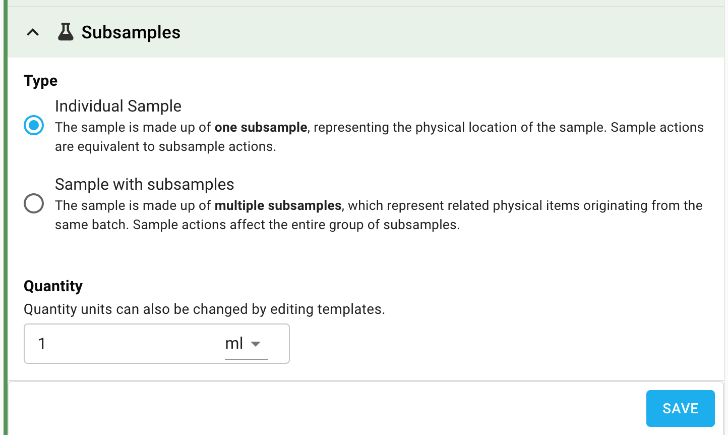 Screenshot of the new sample form, showing the fields Description, Tags, Number of Aliquots, and Quantity per aliquot. The save button is also shown.