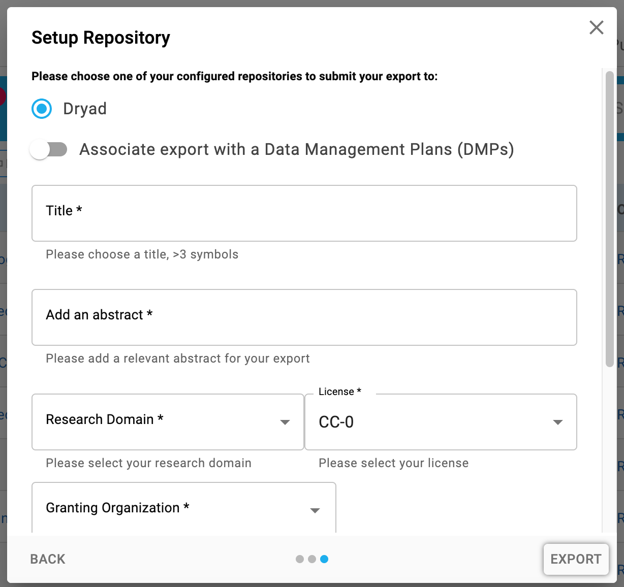 Screenshot of the third panel of the export dialog showing Dryad radio button selected and various fields.