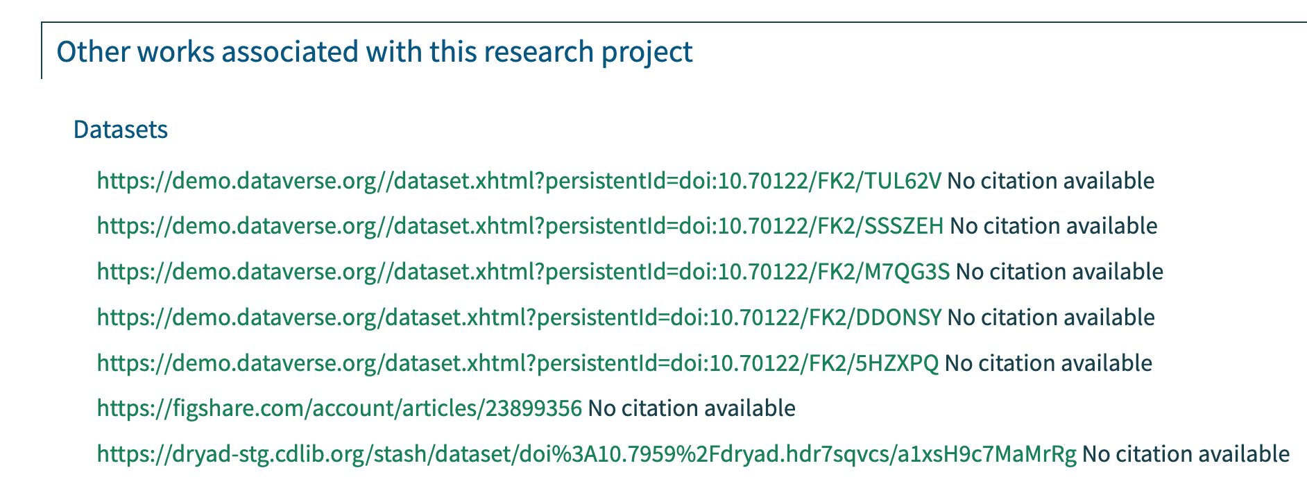 Partial screenshot of DMPHub showing a listing of deposited datasets in various repositories, all referenced from the DMP