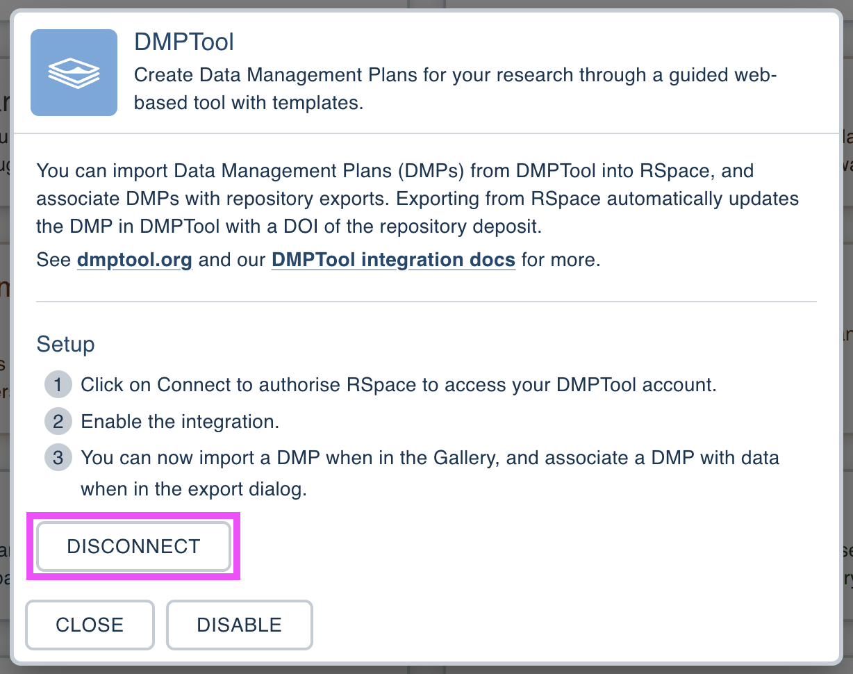 Screenshot of the DMPTool dialog on the apps page, highlighting the "Disconnected" button