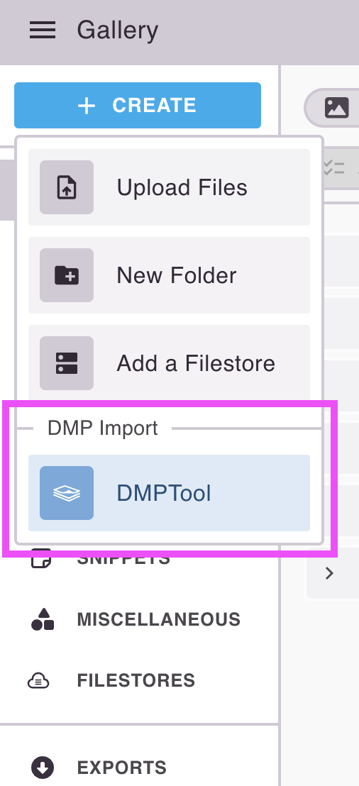 Partial screenshot of the gallery, highlighting the DMPTool item in the "Create" menu