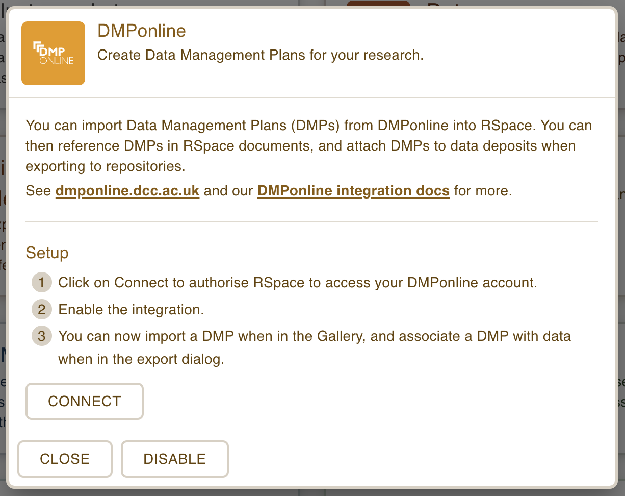 Screenshot of the DMPonline dialog in the apps page, prior to connecting.