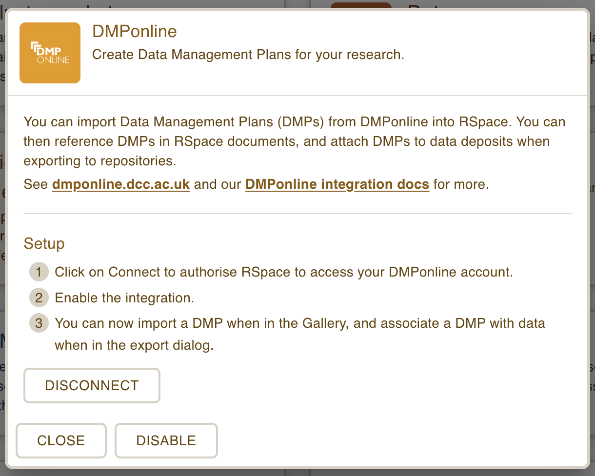 Screenshot of the DMPonline dialog in the apps page, after connecting.