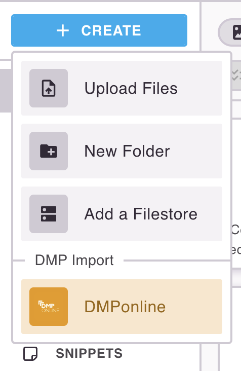 Screenshot of the Gallery's create menu, showing the option to import from DMPonline