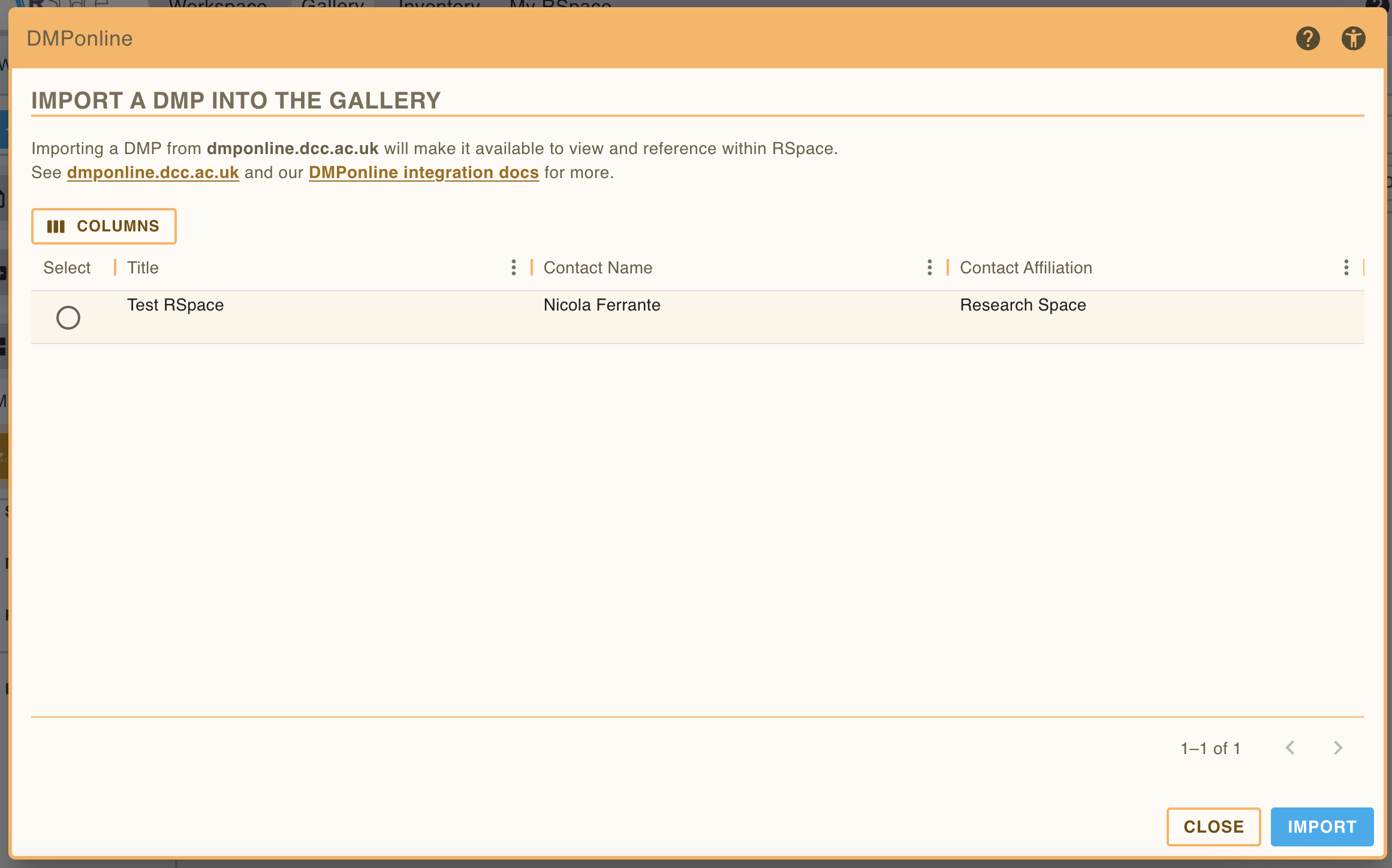 Screenshot of the import from DMPonline dialog.