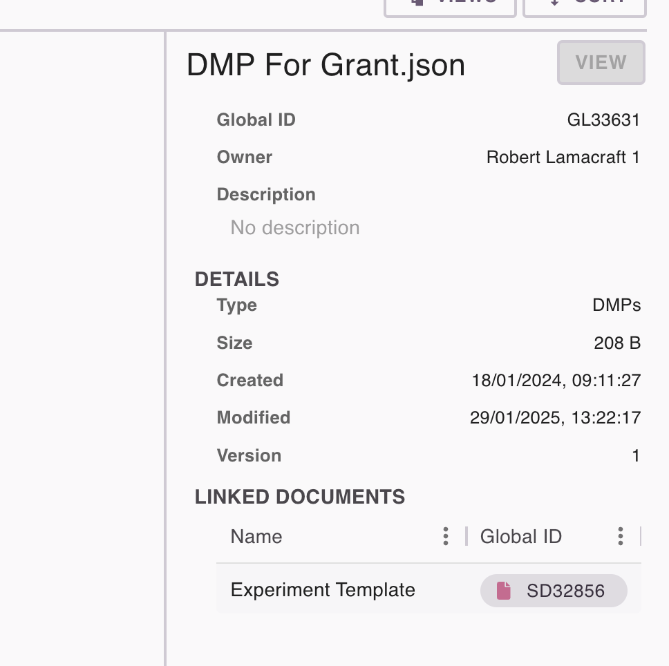 Partial screenshot of the Gallery, showing the info panel of a DMP with a document listed in the Linked Documents table.