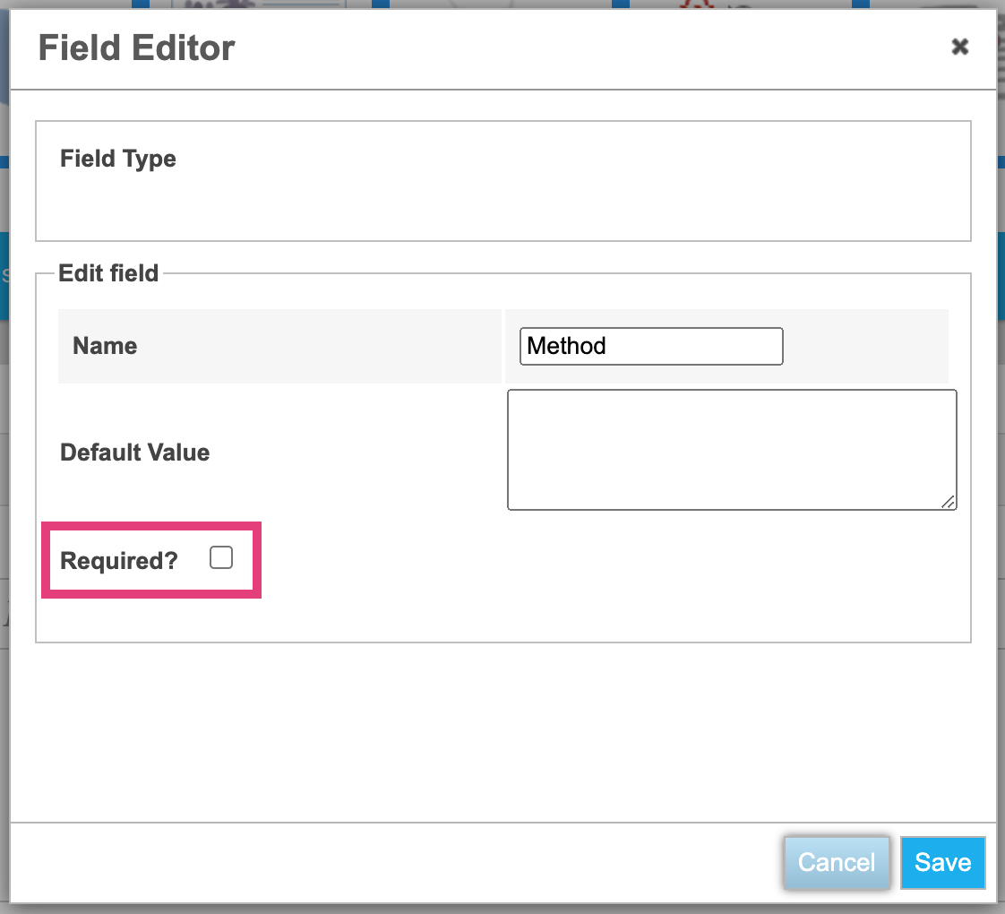 Screenshot of the dialog for editing a text field of a form. The checkbox labelled "Required?" is highlighted.